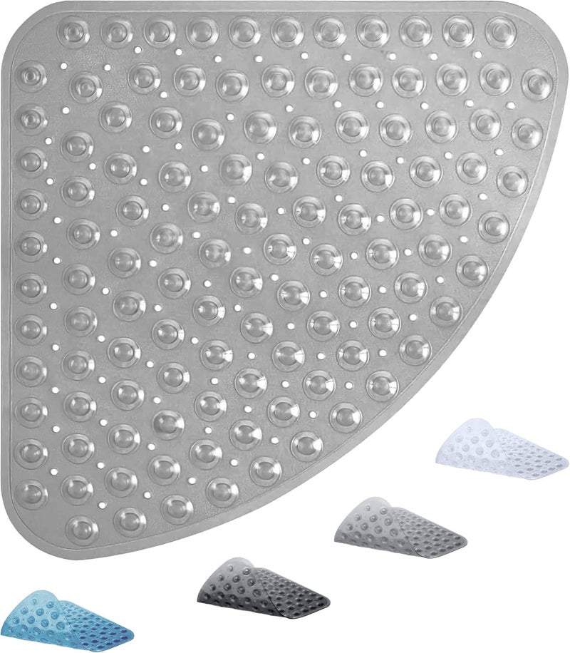 ADO Corner Shower Mat Non Slip, 21x21 inch Curved Shower Mats for Inside Shower, Anti-Slip Bath Mat with Strong Suction Cup, Drain Holes, Machine Washable, Ideal for The Elderly (Grey) - Image 1